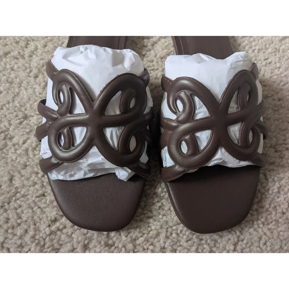NIB Maeve Anthropologie Logo Dark Brown Leather Slide Sandals Sz 9 - Picture 5 of 10
